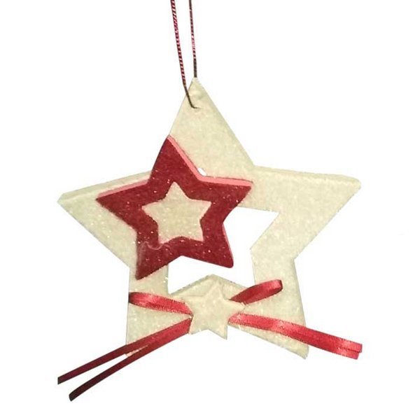 Χριστουγεννιάτικο Κρεμαστό Μπεζ Αστέρι, με Κόκκινο Μικρότερο Αστέρι και Φιόγκο (12cm)